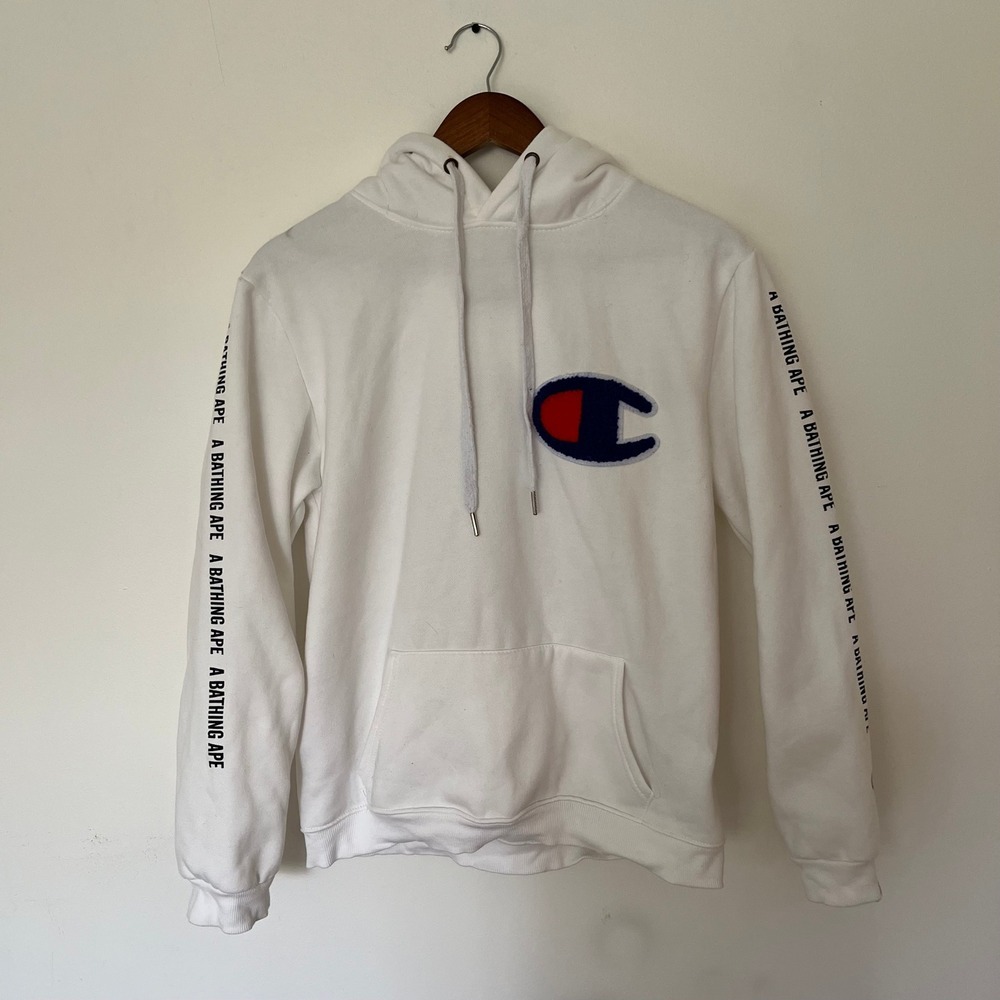 A Bathing Ape x Champion White Pullover Hoodie Big C Logo Graphic Mens